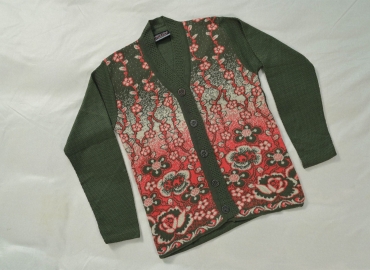 Ladies’ Sweater V neck Forest Green&Red, White flower Pattern